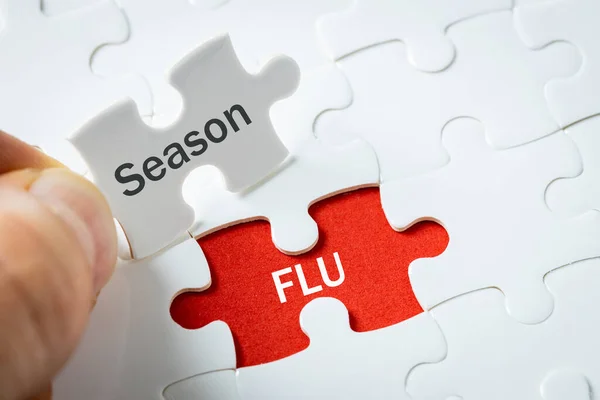 seasonal flu, autumn and winter, caused by influenza virus type A or B. dangerous to health, health concept, lettering season and flu puzzle