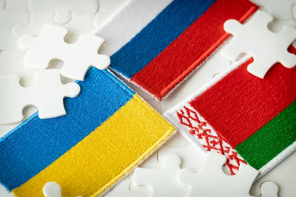 Flags Russia Belarus Front Ukraine Puzzle Russian Belarusian Alliance Joint — Fotografia de Stock