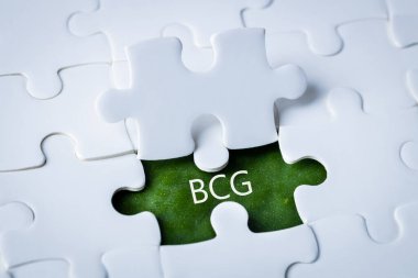 BCG concept for sustainable economic development. The inscription on a green leaf integrated into white puzzles, Bioeconomy, circular economy, green economy. BCG's new economic model clipart