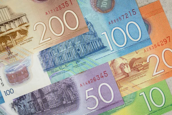 Никарагуа Деньги Различные Банкноты Закрыть Вид Сверху Никарагуа Кордоба Валюты — стоковое фото