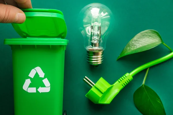 Recycling bin, Green cable and glowing light bulb, Environmental concept, Creative approach, Modern management of natural resources, Energy generation, Care for the environment