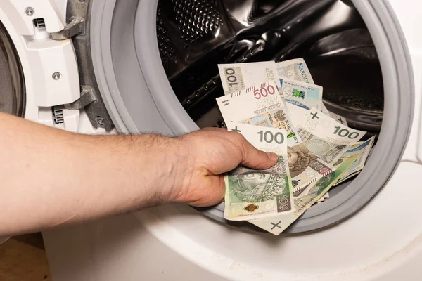 Polish money thrown into the washing machine, Concept, Money laundering, Illegal activity proceeds, Dark business, Black market, Bundle of top series banknotes, Financial concept, criminal activity