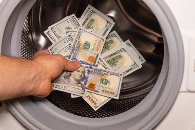 American dollars being put into the washing machine, Concept, Money laundering, Illegal business proceeds, Dark business, Black market, Bundle of 100 dollar bills clipart