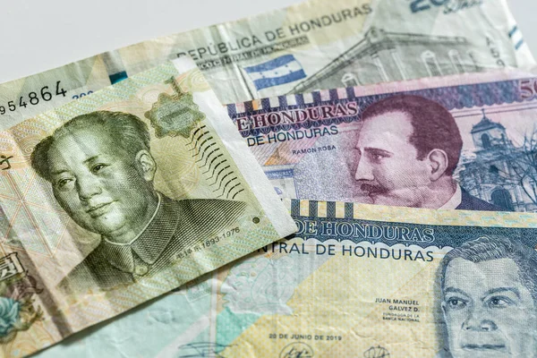Гроші Гондурасу Китаю Лемпіри Юань Концепція Співпраця Між Китаєм Гондурасом — стокове фото