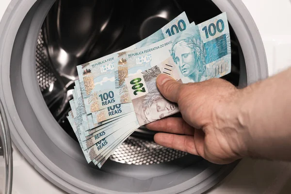 Βραζιλιάνικο Χρήμα Στο Πλυντήριο Έννοια Ξέπλυμα Χρήματος Παράνομη Επιχείρηση Μαύρη — Φωτογραφία Αρχείου