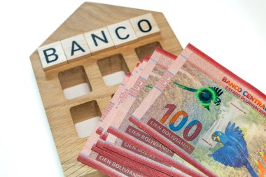 Bolivya parası ve Kolombiya bankasının sembolü, yazıt bankası olan ahşap bir minyatür, bir sürü yüksek banknot, finansal ve iş konsepti.