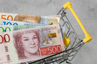 Mali konsept, İsveç 'teki enflasyon oranı, mağazalardaki fiyatlar, boş alışveriş arabası ve İsveç kronu