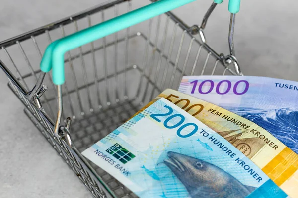 Pénzügyi Koncepció Inflációs Ráta Norvégiában Árak Boltokban Üres Bevásárlókosár Norvég — Stock Fotó