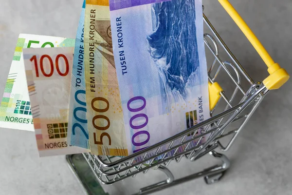 Pénzügyi Koncepció Inflációs Ráta Norvégiában Árak Boltokban Üres Bevásárlókocsi Norvég — Stock Fotó