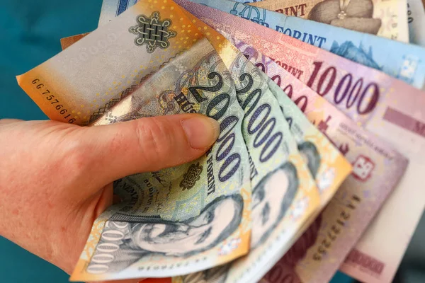 Угорські Форинти Гроші Жінка Стискає Жменьку Банкнот Великих Деномінацій Інфляції — стокове фото