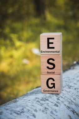ESG, çevresel, sosyal ve kurumsal yönetim kavramı, işletmenin sürdürülebilir gelişimi fikri, dikey fotoğraf, ahşap bloktaki ESG kelimeleri, doğal orman geçmişi.