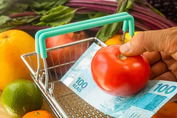 Prices Food Vegetables Fruits Brazil Financial Concept Tomato Placed Basket — Stock Photo, Image