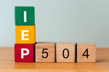 Bireysel eğitim planı, iş konsepti, IEP 504 programı, kopyalama alanı, doğal tahta bloklar üzerine metin