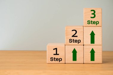 step one second and third, Concept, career and development path, Learning gaining experience, work, achieving success, Wooden blocks with lettering and arrows clipart