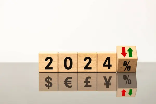 2024, exchange rates, economic and financial analysis, wooden blocks with symbols of major currencies, rise and fall, stock market risk, analysis, Percent, up or down, arrow symbol