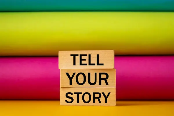 Sagen Sie Ihre Geschichte Symbol Holzblöcke Mit Worten Sagen Sie — Stockfoto