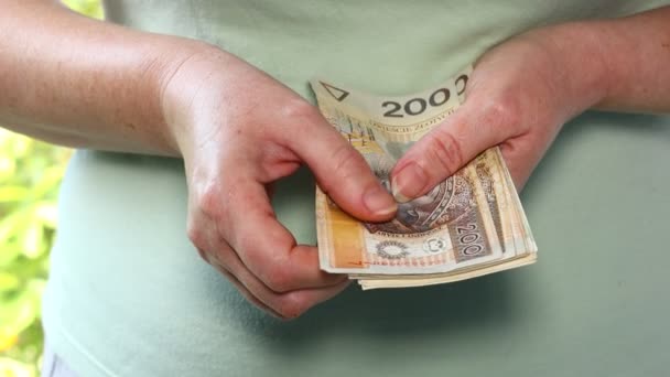 Kobieta Liczy Polskie Pieniądze Banknoty 200 Koncepcja Finansowa Płatność Gotówkowa — Wideo stockowe