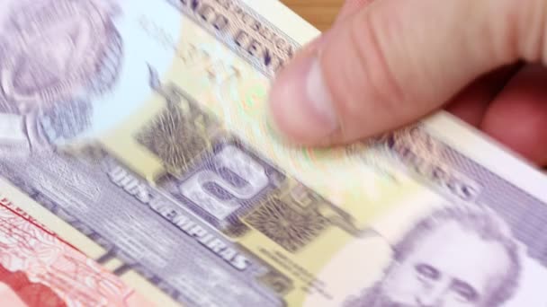 ホンジュラスのお金 ラペニラ テーブルの上に置かれた様々な紙幣 ホンジュラス通貨 金融コンセプト — ストック動画