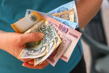 Hungary money, Woman holds a handful of Hungarian Forints in her hand, various banknotes, Financial concept clipart