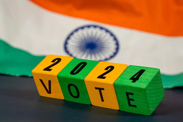 India vote 2024, Wooden blocks inscription vote 2024 with the Indian flag. Concept, voting and elections in India