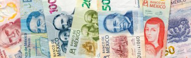 Meksika para pesoları, yatay panorama, Meksika banknotları, finansal bankacılık konsepti, Meksika para birimi oranı