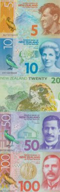 Yeni Zelanda doları, Yeni Zelanda 'nın dikey panoraması, banknotlar, tüm mezhepler, finansal konsept