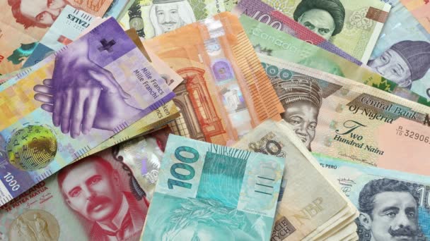 Monedas Todo Mundo Paquetes Billetes Economía Global Tipos Cambio Dinero — Vídeo de stock