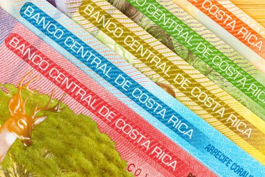 Costa Rica money, flat lay, close up, all banknotes, financial concept clipart