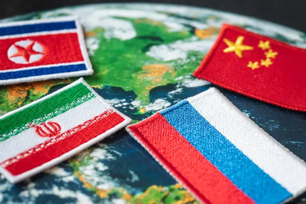 Symbole Rosji Chin Korei Północnej Iranu Tle Świata Koncepcja Sojuszu Zdjęcie Stockowe
