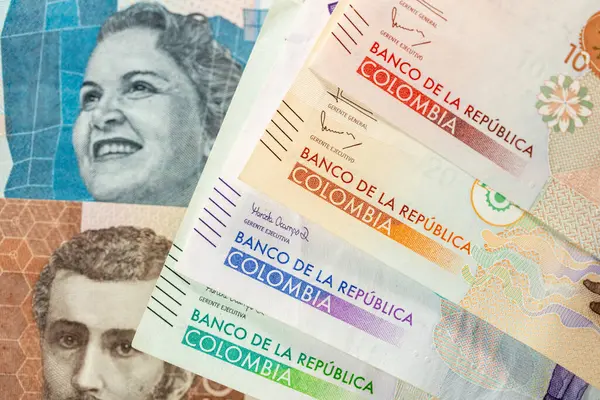 Kolumbien Geld Satz Pesos Banknoten Nahaufnahme Konzept Finanzen Und Wirtschaft Stockbild