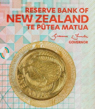 Yeni Zelanda parası, düz yatış, 1 dolar para ve 100 dolar.