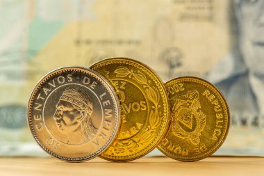 Honduras money, Honduran lempiras coins on paper banknote background, financial concept clipart