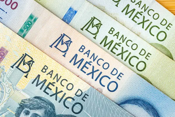 Мексиканские Деньги Плоские Лежат Крупным Планом Надписи Banco Felico Стоковая Картинка