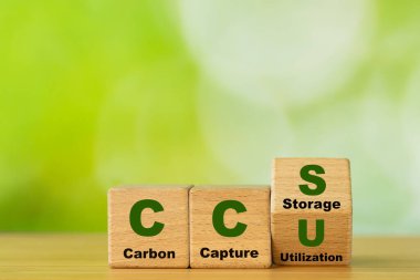 Tahta küpler CCU (karbon yakalama) ve CCS (karbon yakalama depolama) sembollerini oluşturur. Çevresel İş Konsepti, İnternet Sıfır Eylemi, Enerji tasarrufu, yeşil enerji, karbon ayak izini azaltma