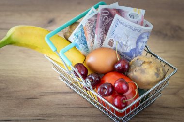 İngiltere 'de gıda fiyatları, ekonomik konsept, yükselen enflasyon ve İngiliz halkının artan yaşam maliyeti. Market sepeti, içinde yiyecek ve İngiliz sterlini var.