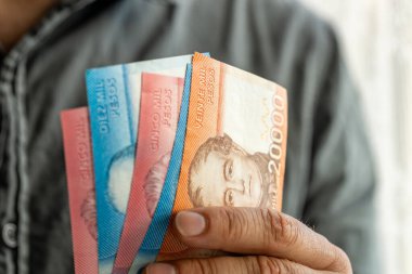 Şili parası, elinde peso banknotları tutan bir adam. Finansal iş konsepti, kapat