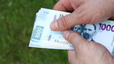 Adam Meksika parası sayıyor. Çeşitli banknotlar, Meksika pesoları.