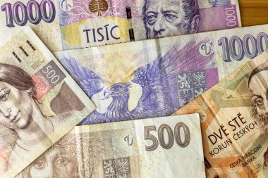 Çek Korunu. Banknotlar 1000, 500 ve 200. Finansal ve ekonomik kavram. Çek Cumhuriyeti Parası