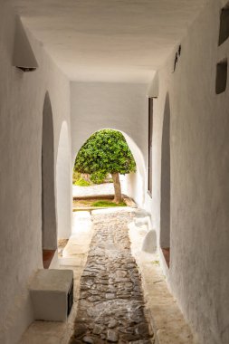 Binanın beyaz duvarları arasında dar bir taş yol var, sonunda parlak yeşil bir ağaç görebilirsiniz. İspanya 'nın Menorca kentindeki Binibeca' nın atmosfer köyü.