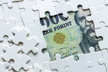 Macar formülü Bulmaca Parçalarının Altında, İş Konsepti, Macaristan Para Birimi, Pazar Analizi, Değişim Oranı. 20.000 forint banknot, kopyala alanı, kapat