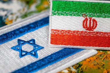 flags of Israel and Iran facing each other, Symbols of countries. Political concept, Situation in the middle east, Mutual relations clipart