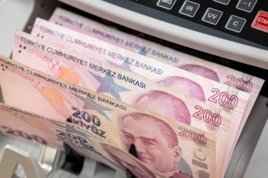 Para Hindistanda. Para sayma makinesinde Türk lirası. İş ve finans kavramı, döviz kuru, mali hesaplama, yakın plan