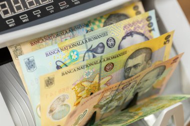Romanya parası. Rumen Leu ile para sayma makinesi. İş konsepti. Finansal işlemler, döviz, para birimi, kapatın