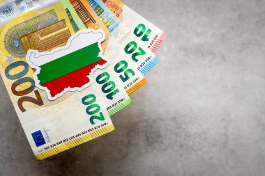 Bulgaristan parası ve ulusal amblem, gri arkaplan, fotokopi alanı, düz döşeme, mali altyapı. İş finans konsepti. Bulgaristan 'ın avro para birimi kabulü, yakın plan