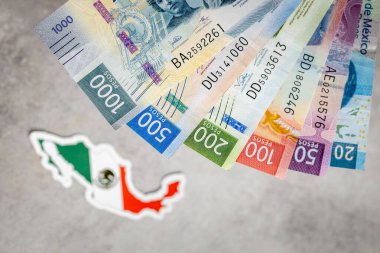 Meksika parası ve ulusal amblem, gri arka plan, düz döşeme, mali geçmiş, Meksika pesosu, kapat