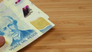 Arjantin parası. 20,000 Arjantin pesosunun yeni banknotları. Finansal iş kavramı. Kapat.