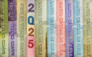 2025 in Chilean peso. Chile money, Banknotes arranged in the symbol of 2025, Concept, financial and economic analysis of Chile. close up clipart