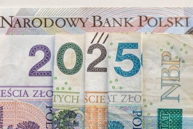 2025 in Polish zlotys.  Poland money, Banknotes arranged in 2025, Concept, financial and economic analysis of the Polish. close up clipart