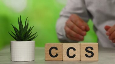 Tahta küpler CCS (karbon yakalama depolama) ve CCU (karbon yakalama kullanımı) sembolünü oluşturur. Çevresel İş Konsepti, İnternet Sıfır Eylemi, Enerji tasarrufu, yeşil enerji, karbon ayak izini azaltma