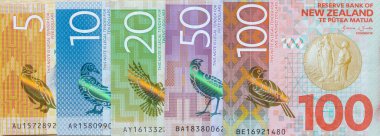 Yeni Zelanda banknotlarının parçaları. Para Yeni Zelanda doları, Panorama, finansal bayrak